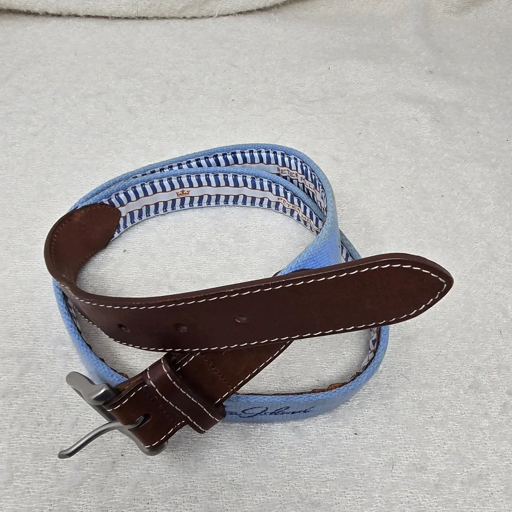Sea island Peter Millar Golf Belt Men 38 Blue Brown Leather Canvas USA Made